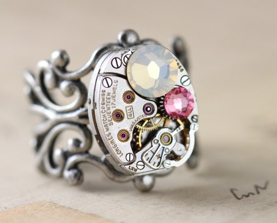 Steampunk Ring Opal Ring Pink Ring Unique Ring Swarovski Crystal Ring Watch Ring October Birthstone Steam Punk Jewelry Filigree Adjustable by inspiredbyelizabeth steampunk buy now online