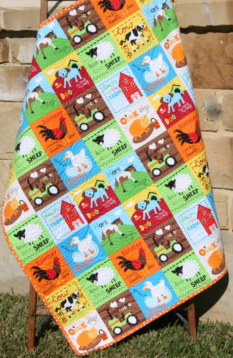 LAST ONE Farm Quilt Bright Unisex Tractor Blanket Cows Horses