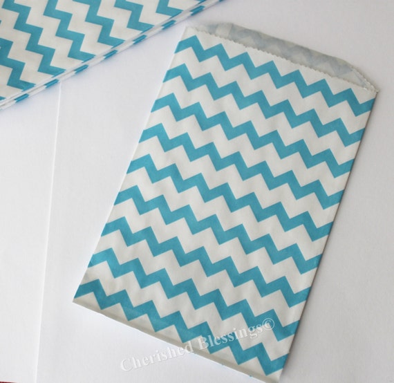 Wedding Chevron Favor Bags 20 Aqua Blue Candy Buffet Kids Birthday Party Paper Goods Baby Shower Carnival Popcorn Treat w/ straw flags Il_570xn