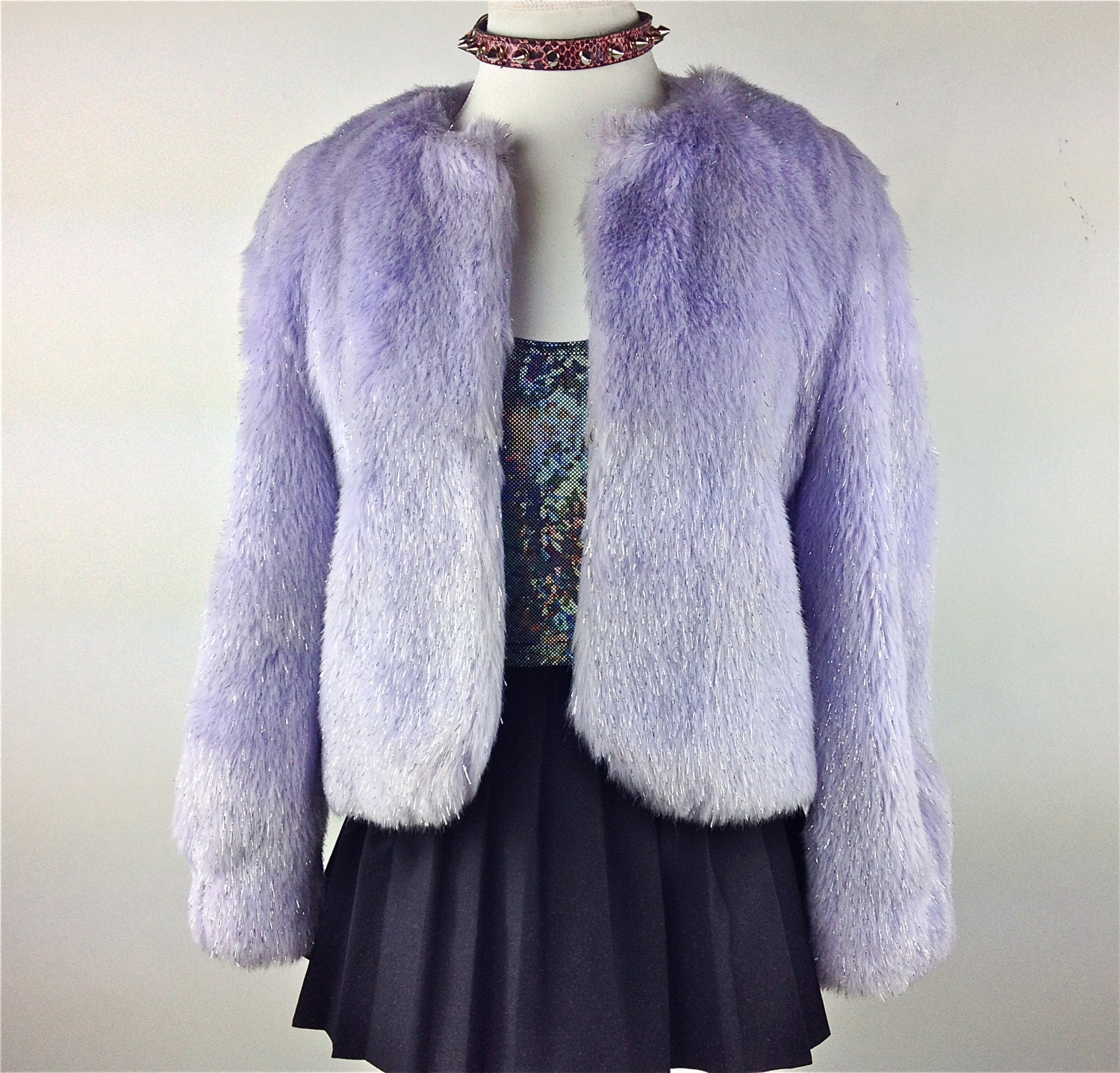 90's Pastel Lavender Glitter Faux Fur Coat // M