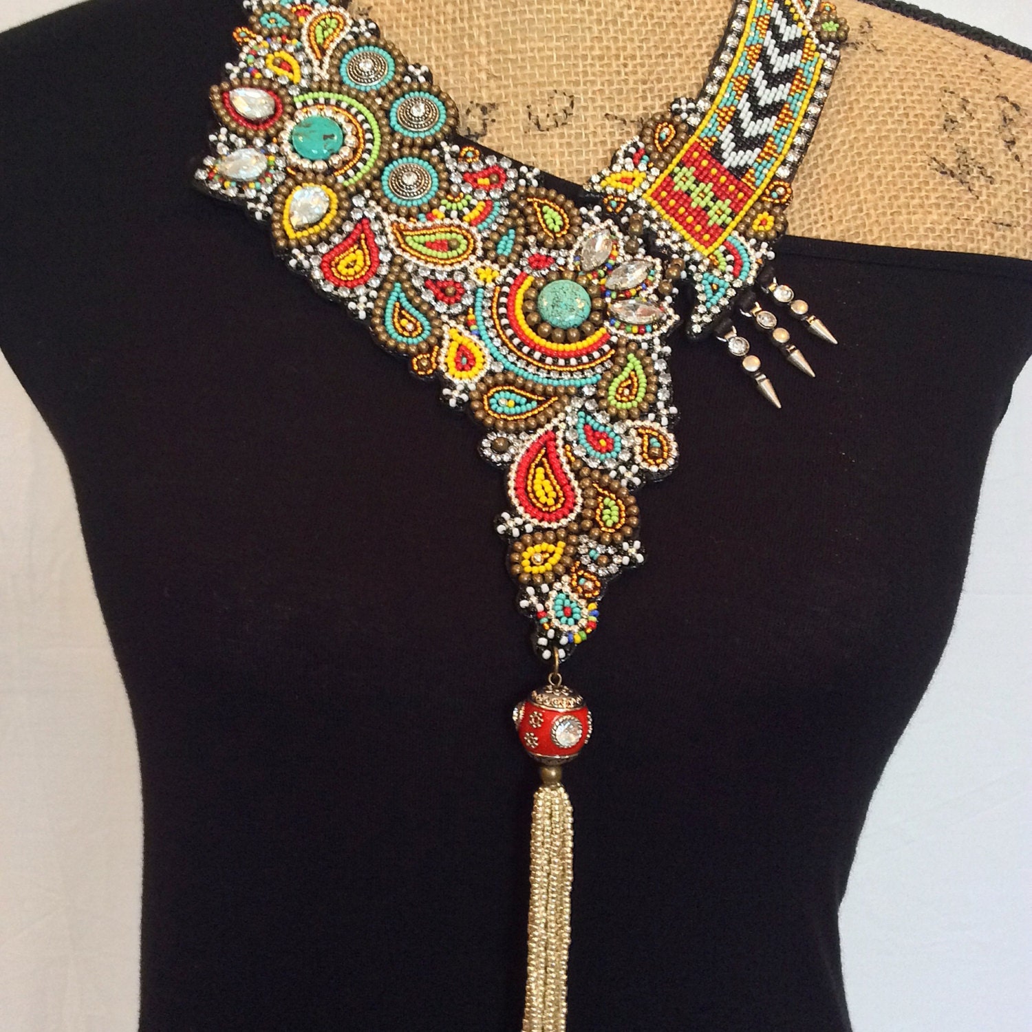 Asymmetrical Bead Embroidery Necklace with Tassel Statement