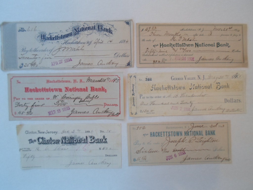 Vintage Antique SIX 1800s Handwritten Cancelled Checks from