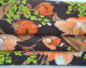 Vintage Brown and Orange Floral Polyester Fabric 1 3/4 yards