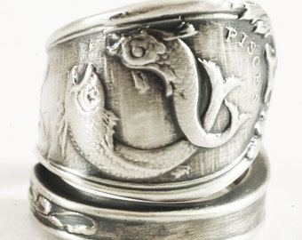 Pisces Ring, Sterling silver Spoon Ring, Double Fish Ring, Zodiac Ring, Horoscope Ring, Pisces Jewelry, Astrology Ring, Adjustable Size 3151
