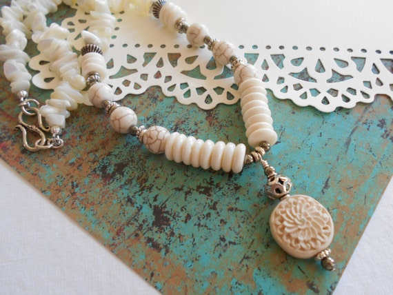 Ivory White Silver Beaded White Turquoise Carved Cinnabar Sterling Mother-of-Pearl Pyrite Bone Gem Necklace