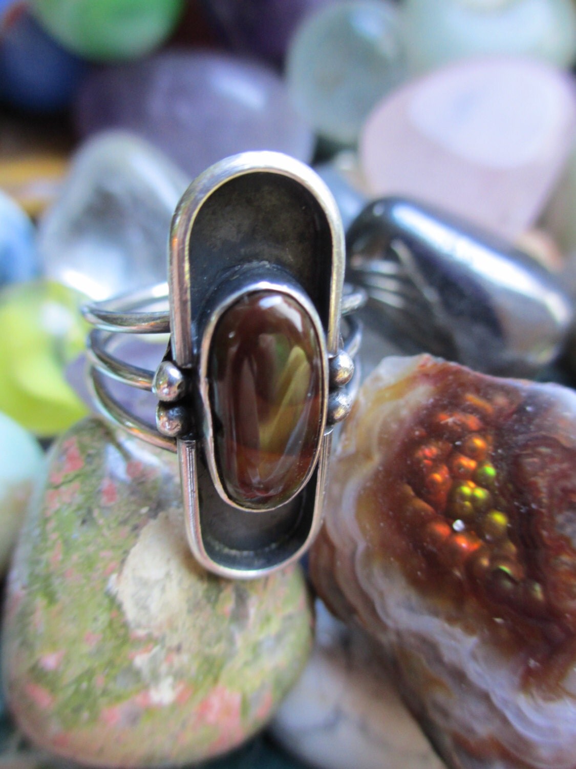 Vintage Fire Agate Sterling Ring Green Fire Sex Healing 75 