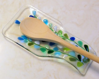 Glass Spoon Rest, Modern Fused Glass Spoon Rest, Blooming Branches in Blue, Turquoise, Mint, White, Mother's Day Glass Gift, Kitchen Decor