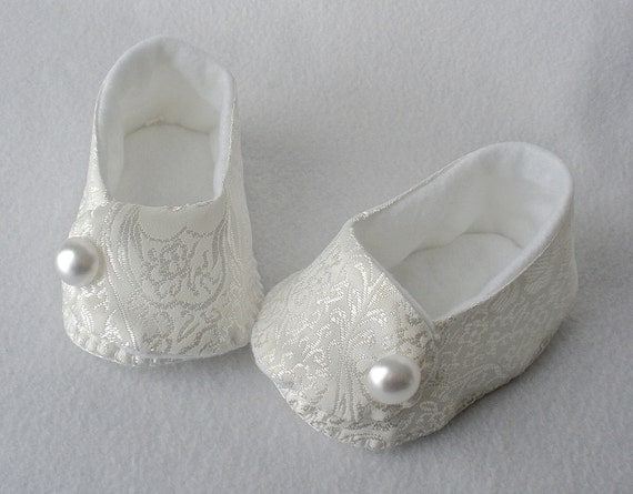 Baby Shoes White Jacquard Silk Hand Sewn by