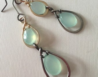 Sale! Reduced from 32.00 to 26.00 Two-tone earrings with aqua blue chalcedony - wirewrapped dangle earrings
