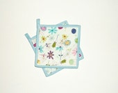 Pot Holders Flowers Whimsical Quilted Blue Set of 2