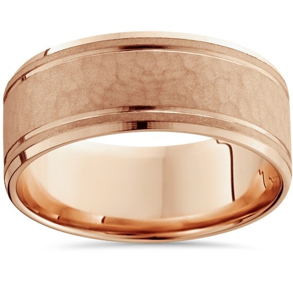 Hammered 14K Rose Gold 8MM Mens Wedding Ring Band