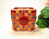 Stained glass mosaic votive candle holder red orange purple