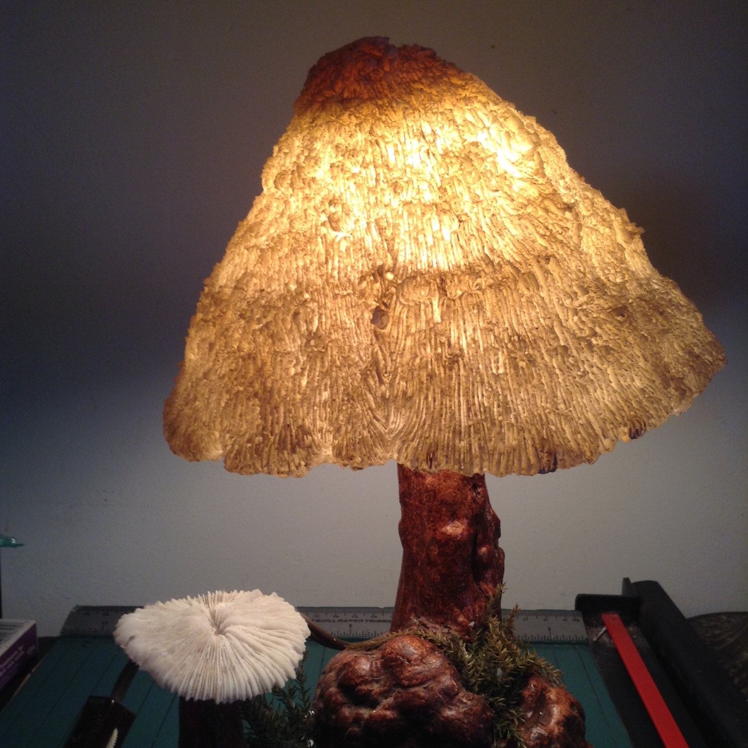 Vintage Mushroom Shade and Burl Wood Lamp. Kitsch 1970's