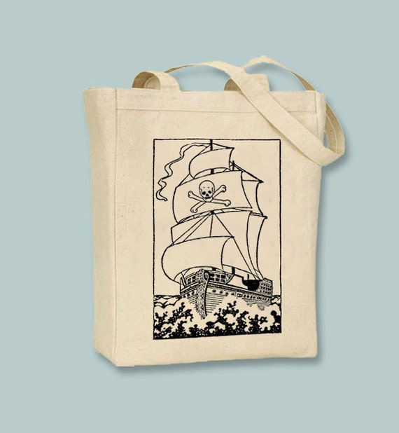 Vintage Pirate Ship drawing Canvas Tote -- Selection of sizes available