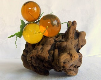Vintage Lucite Acrylic Grapes on Driftwood Sculpture, Cluster - Large, Orbs, Coffee Table or Shelf Decor, 1960's Kitsch, Mid Century Modern