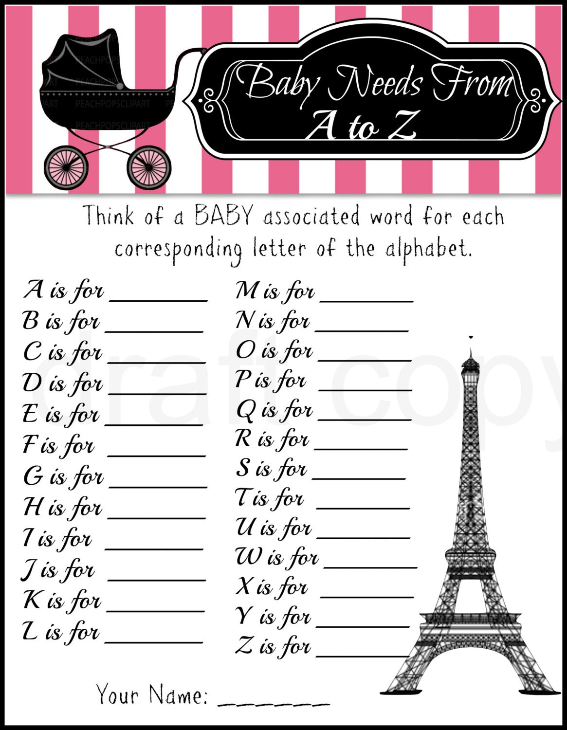 Baby Shower Game-3 Pack Paris Chic Theme