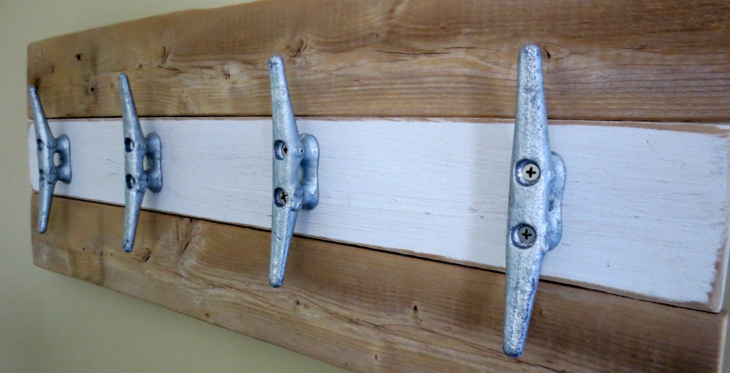 Nautical Boat Cleat Towel Rack Hooks white and Natural Wood