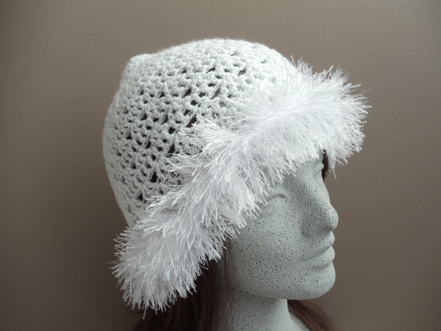 White Crochet Hat With Fur Trim Very Light Weight Beanie White