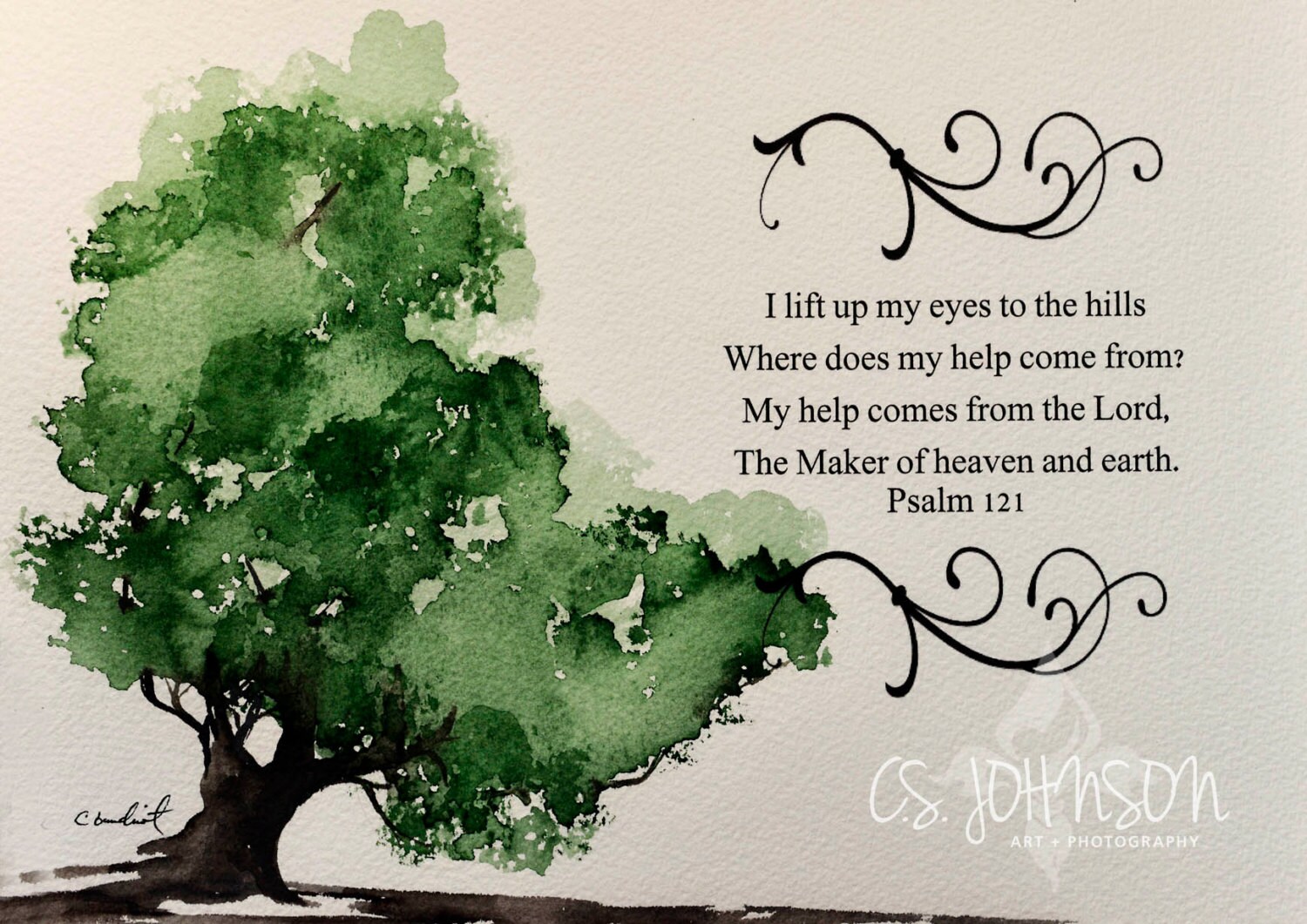 Watercolor painting of Old Oak Tree with Bible verse original