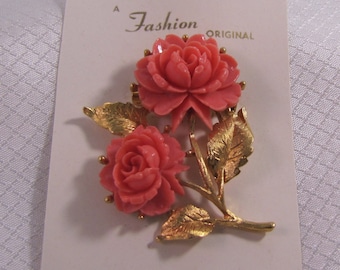 c1960's "A Fashion Orginal" Pink Coral Celluloid Rose Blossom Brooch