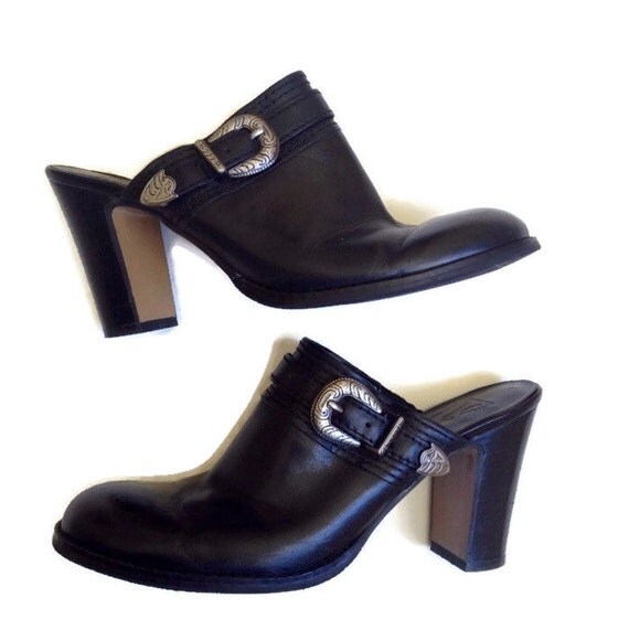 Black Leather Western Chunky Heeled Mules