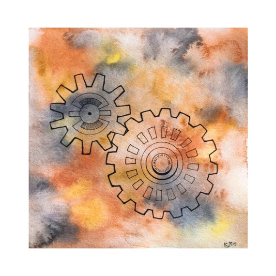 Items similar to Abstract Gears 5x5 Watercolor Painting Orange Yellow
