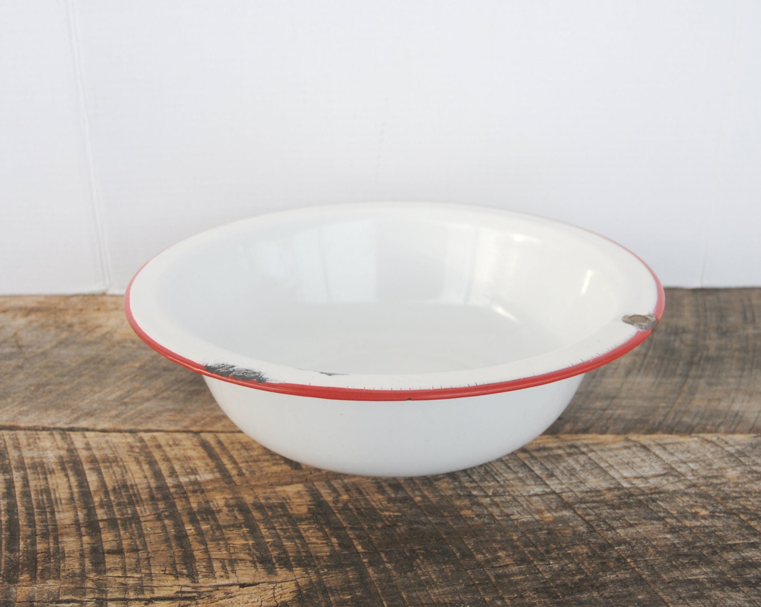 Vintage White Enamelware Bowl with Red Trim
