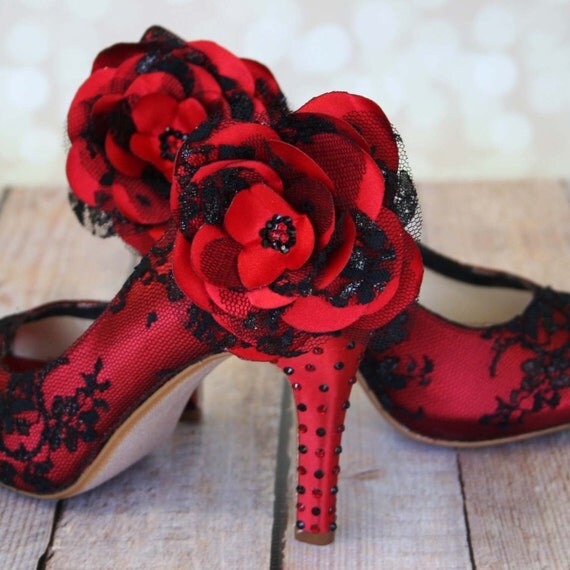 Rockabilly Wedding Shoes / Red Lace Heels / Black and Red
