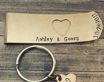 Bronze Money Clip and Key Chain Set Hand Stamped Couples Accessories, Wedding Gifts, His and Her, Original Design by Miss Ashley Jewelry