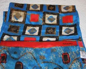 ADOLFO Silk Scarf 11x52" Bold Geometric print in Aqua, Red, Black