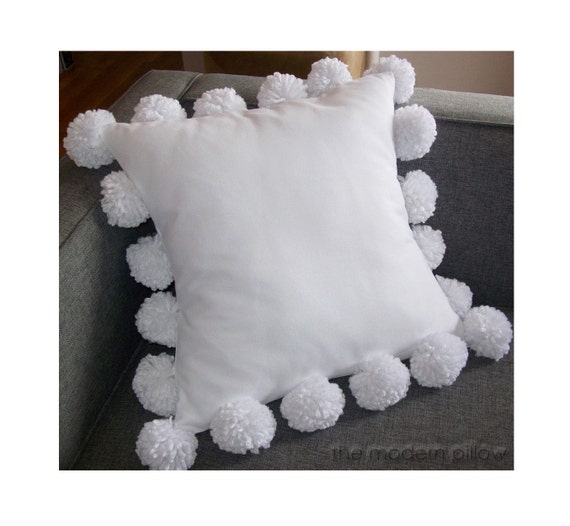 Organic White Pom Pom Decorative Throw Pillow by TheModernPillow