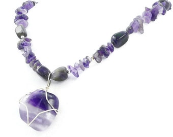 Vibrant Purple Chevron Amethyst Wire Wrapped Pendant Necklace