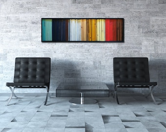 Reclaimed Wood Art - Modern Wood Wall Art - "Gradient" - Wood Stripes in Red, Yellow, Brown, Teal - 16"x55" - Wood Wall Art