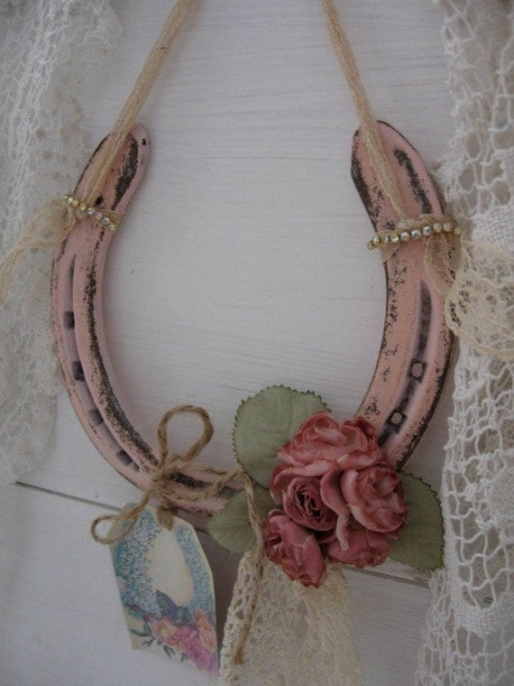 RESERVED Romantic Country Up-cycled Horseshoe, Pink Horseshoe, Prairie style, Romantic Cowgirl, Elegant Equestrian, Jewel-encrusted Horse
