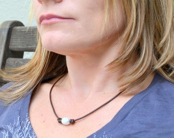 Pearl and Knotted Leather Necklace, A Single Chunky White Freshwater Pearl on Brown Leather Cord, Other Colors Available, Gift Boxed