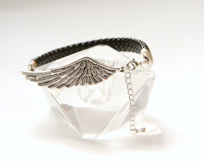 women Angel wing black braided leather bracelet adjustable