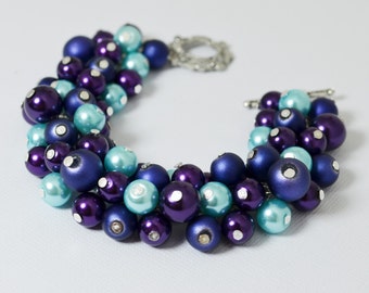 Blue, Purple and Cyan Chunky Bracelet, Pearl Bracelet, Blue Cluster Bracelet, Bridal Bracelet, Bridal Pearl Bracelet, Blue and Purple Combo