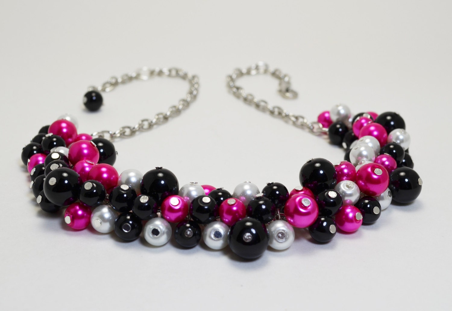 Black Hot Pink and White Pearl Necklace Chunky Necklace