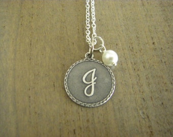 Initial J Letter J Necklace Sterling Silver Chain Silver Initial Wire Wrapped Glass Pearl Gift For Her Personalized