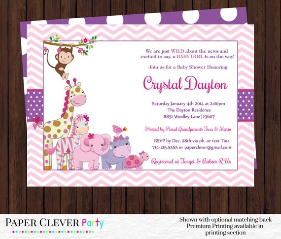 Girls baby shower invitations pink and purple jungle animals -- modern ...