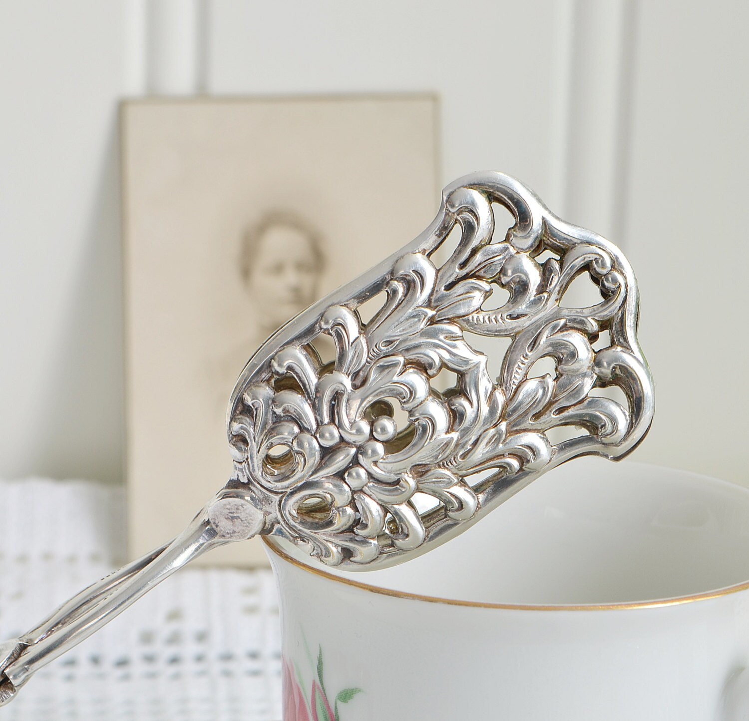 Ornate cookie and pastry tongs, vintage German serving tongs, silver