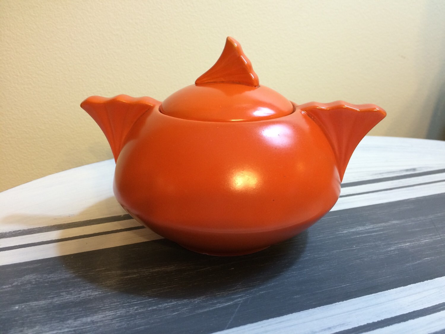 Vintage Orange Art Deco Sugarbowl Ceramic Covered Sugar Bowl Little