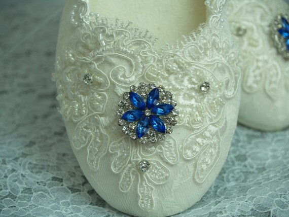 Wedding Ivory Blue Flats Vegan Shoes Embellished by NewBrideCo