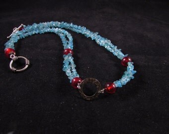 Hand beaded necklace, hand beaded apatite necklace, hand beaded gemstone necklace, blue necklace, Apatite chip hand beaded necklace