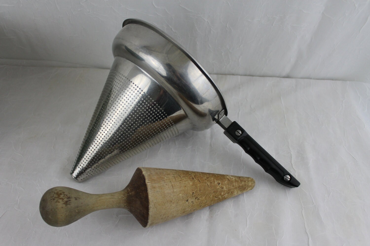 Vintage Applesauce Maker Colander and Wooden Pestle Cone