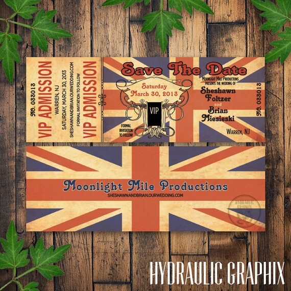 Printable Union Jack Ticket Wedding Save the Date, for The Rolling Stones, The Who or British theme, London, VIP ticket, steampunk elements Il_570xn