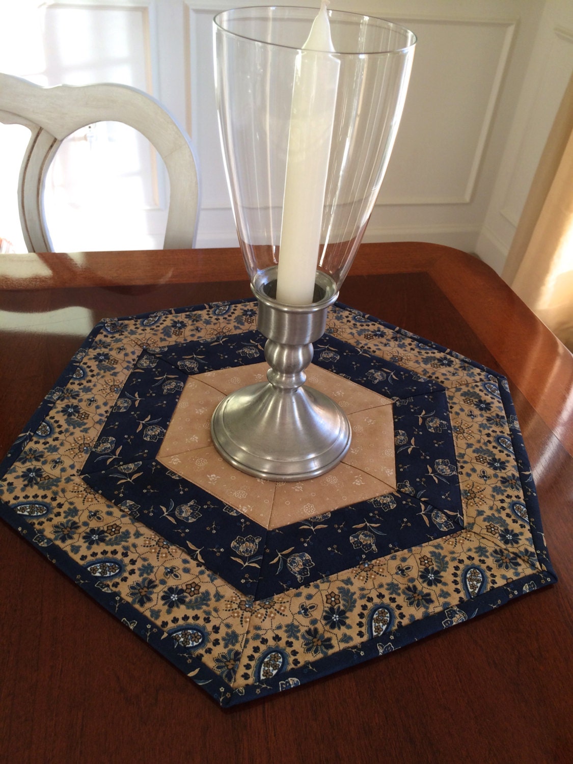 Quilted Blue & Beige Hexagon Table Topper or Candle Mat