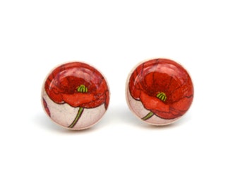 Red Poppy Stud Earrings. Red stud earrings. Red earrings. Flower earrings. Red Post earrings. Eco friendly floral jewelry etsy wood earrings