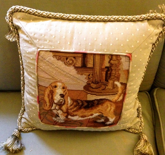 Items similar to Needlepoint Pillow, designer, preppy, dog, Needle point, pillow, cottage chic ...