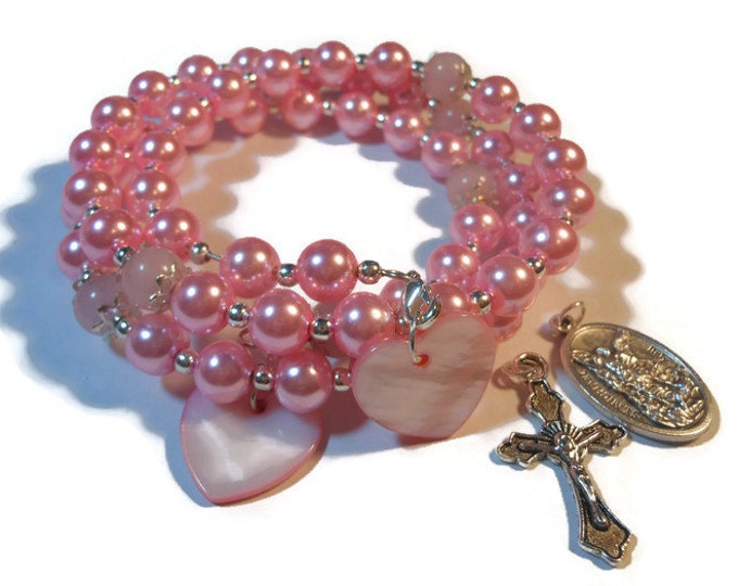 FREE SHIPPING Pink Rosary bracelet five decade, pink glass pearls, rose quartz Our Fathers, silver plated crucifix medal, interchangeable